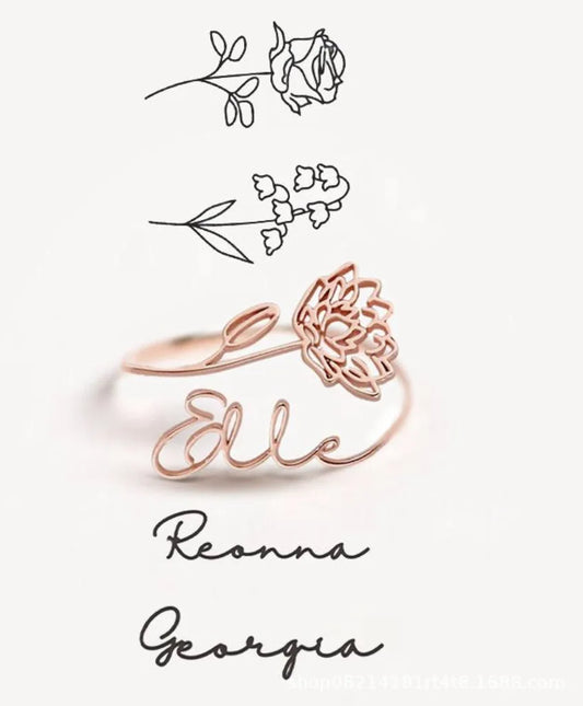 Customized Birth Month Flower Name Ring