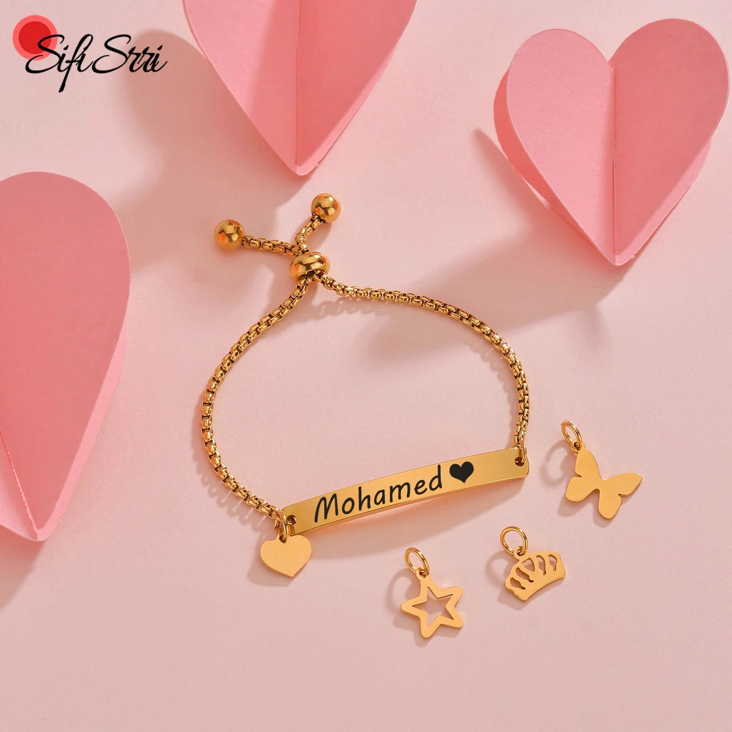 Sifisrri Personalized Custom Baby Name Bracelet Heart Butterfly Stainless Steel For Boy Girl Engrave Letter Date Jewelry Gift