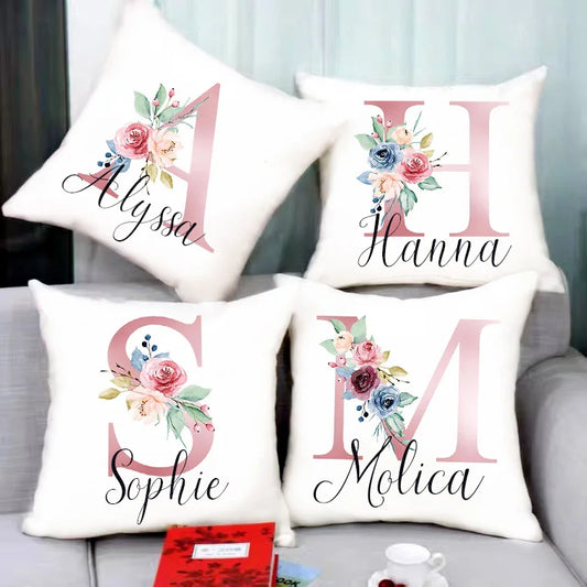 Customized Initial Flower with Name Cushion Cover