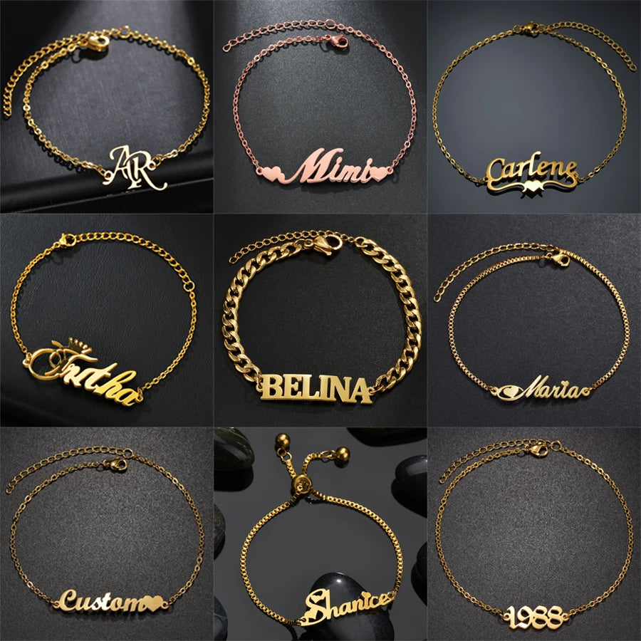 Customized Name Bracelet -  Heart & Crown - Gold