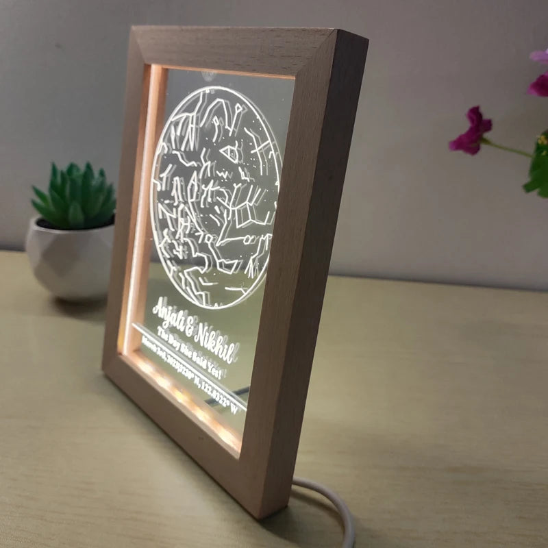 Customized Engraved or UV Print Star Map Constellation Acrylic Night Light with Wood Frame