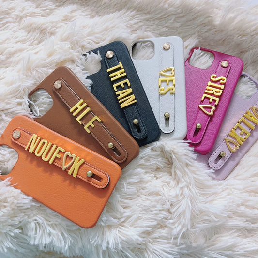 Customized Metal Gold Name Wristband Leather Phone Cover - Orange